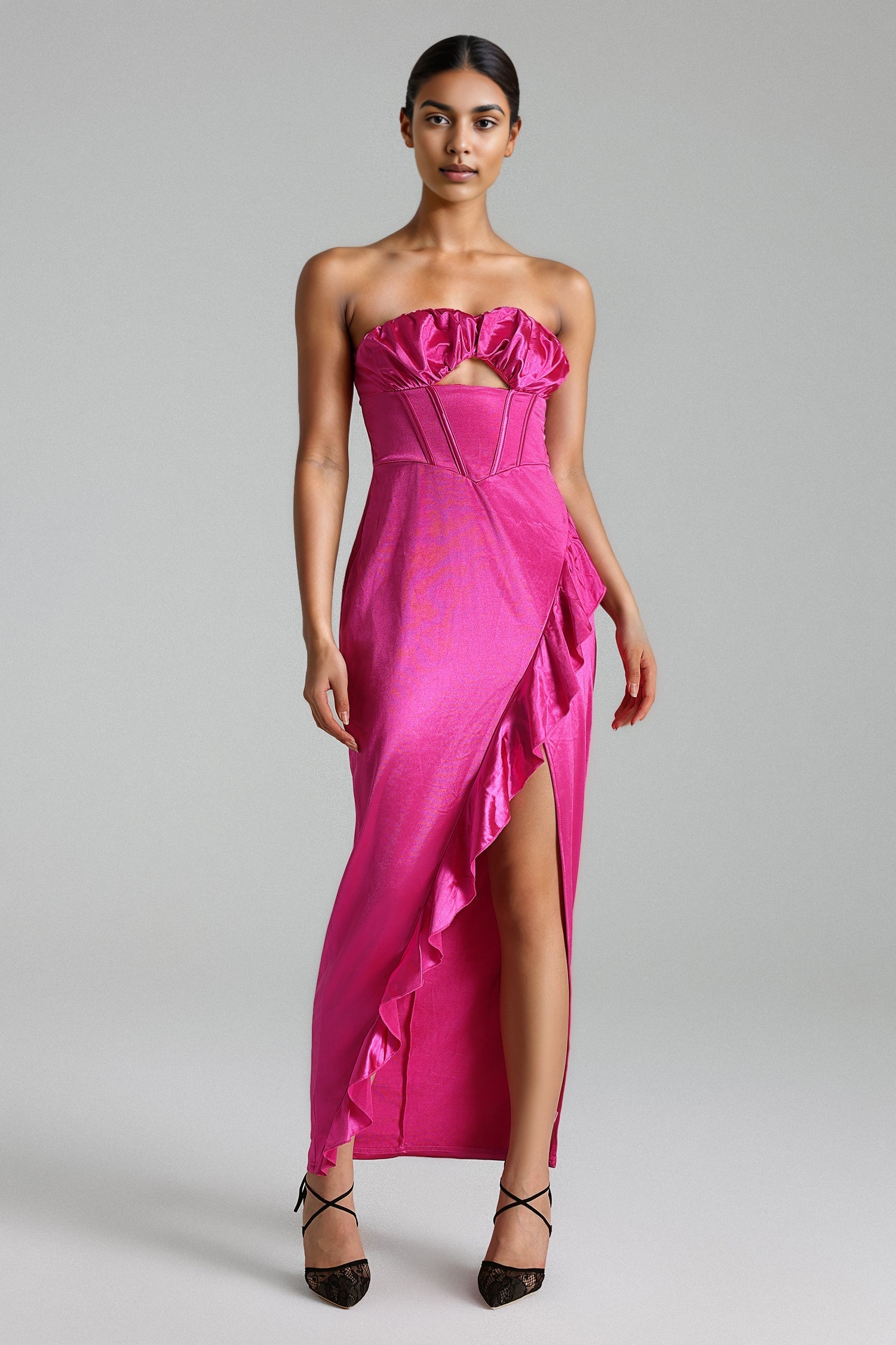 Lola Pink Strapless Ruffled Neckline Cutout Detail Slit Side Dress