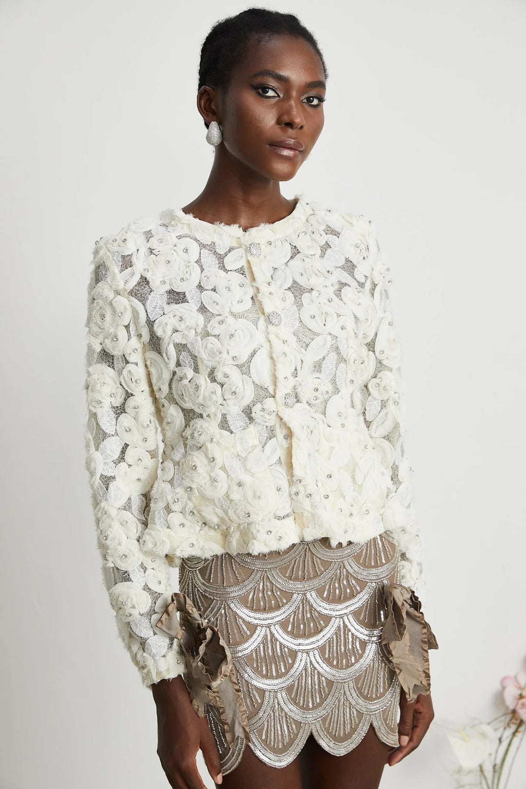 London Jacket White Floral Mesh Crystal & Buttons