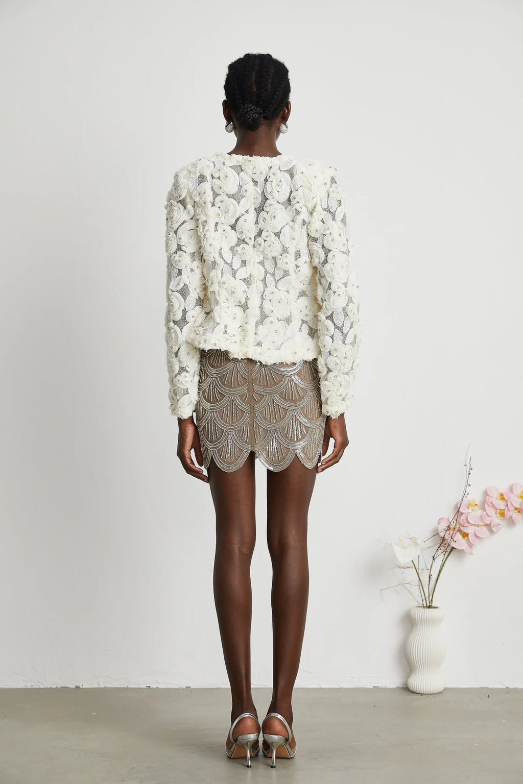 London Jacket White Floral Mesh Crystal & Buttons