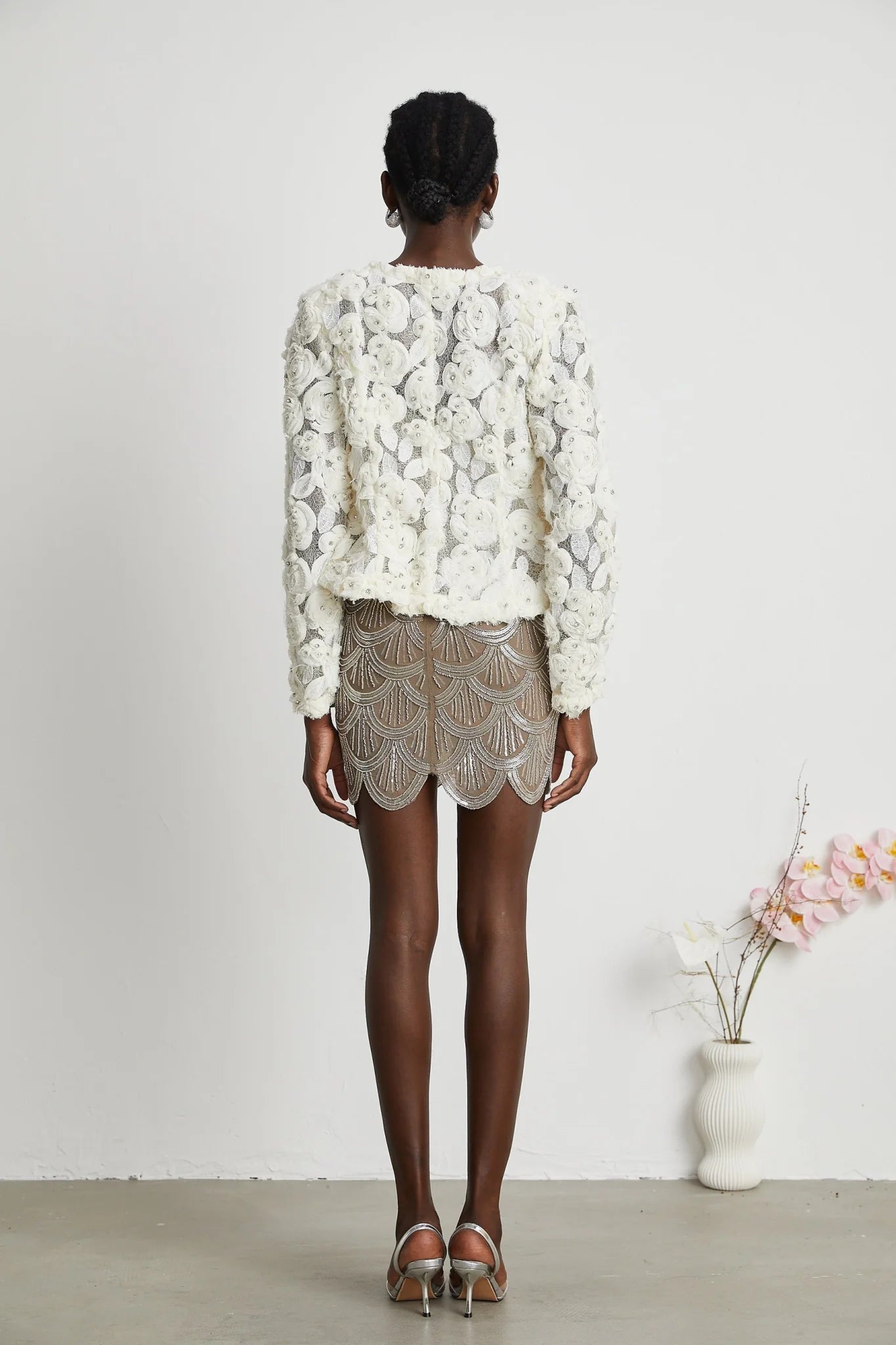London Jacket White Floral Mesh Crystal & Buttons
