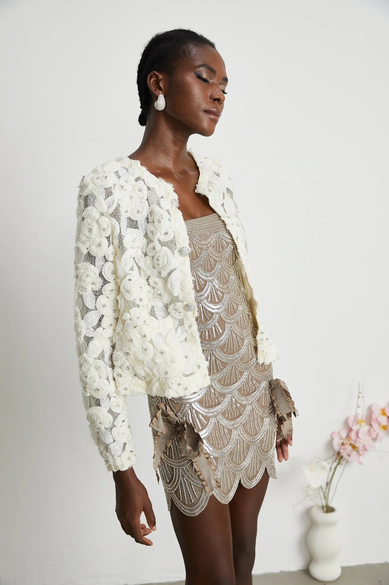London Jacket White Floral Mesh Crystal & Buttons