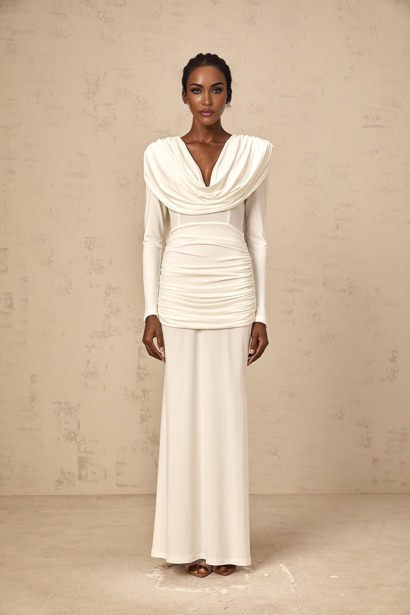 London Maxi Dress with Plunging V - Neck, Open Back and Ruched Details