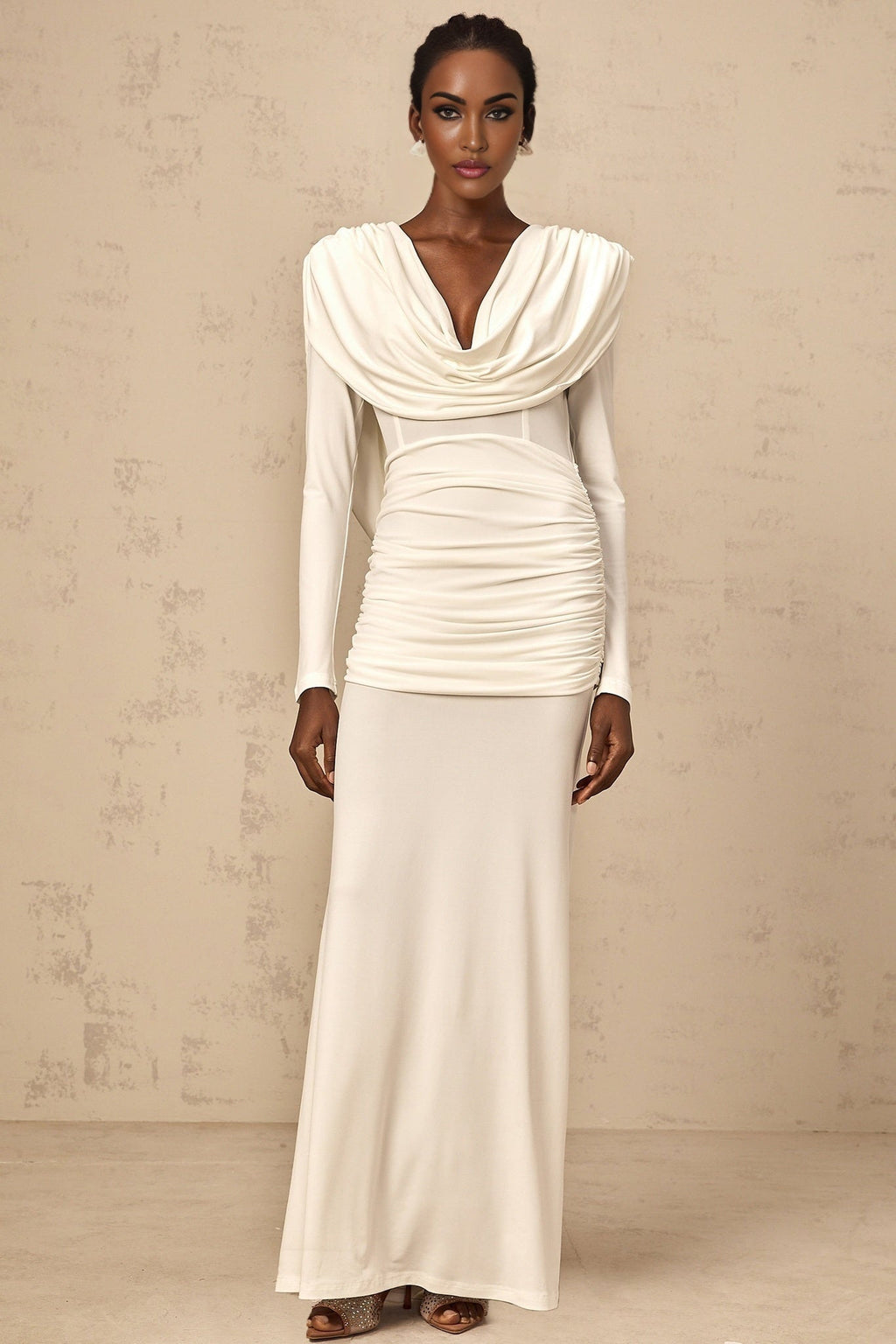 London Maxi Dress with Plunging V - Neck, Open Back and Ruched Details