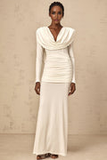 London Maxi Dress with Plunging V - Neck, Open Back and Ruched Details