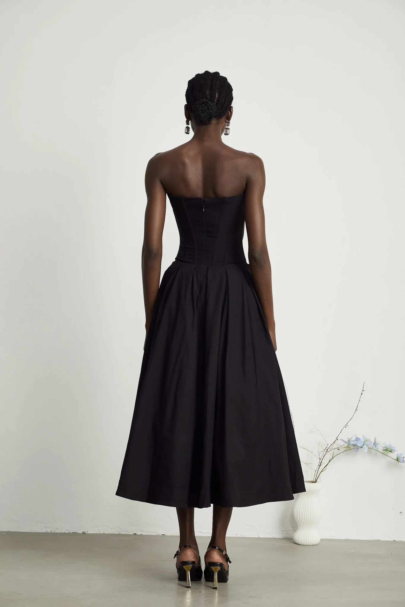 London Midi Dress Black Offshoulder Corset Pleated Pockets Zip Fastening