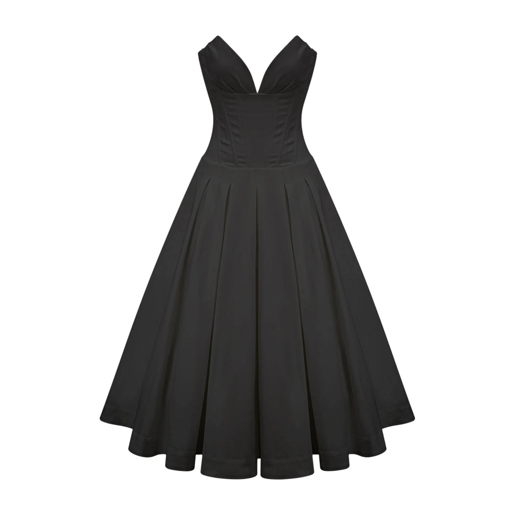 London Midi Dress Black Offshoulder Corset Pleated Pockets Zip Fastening