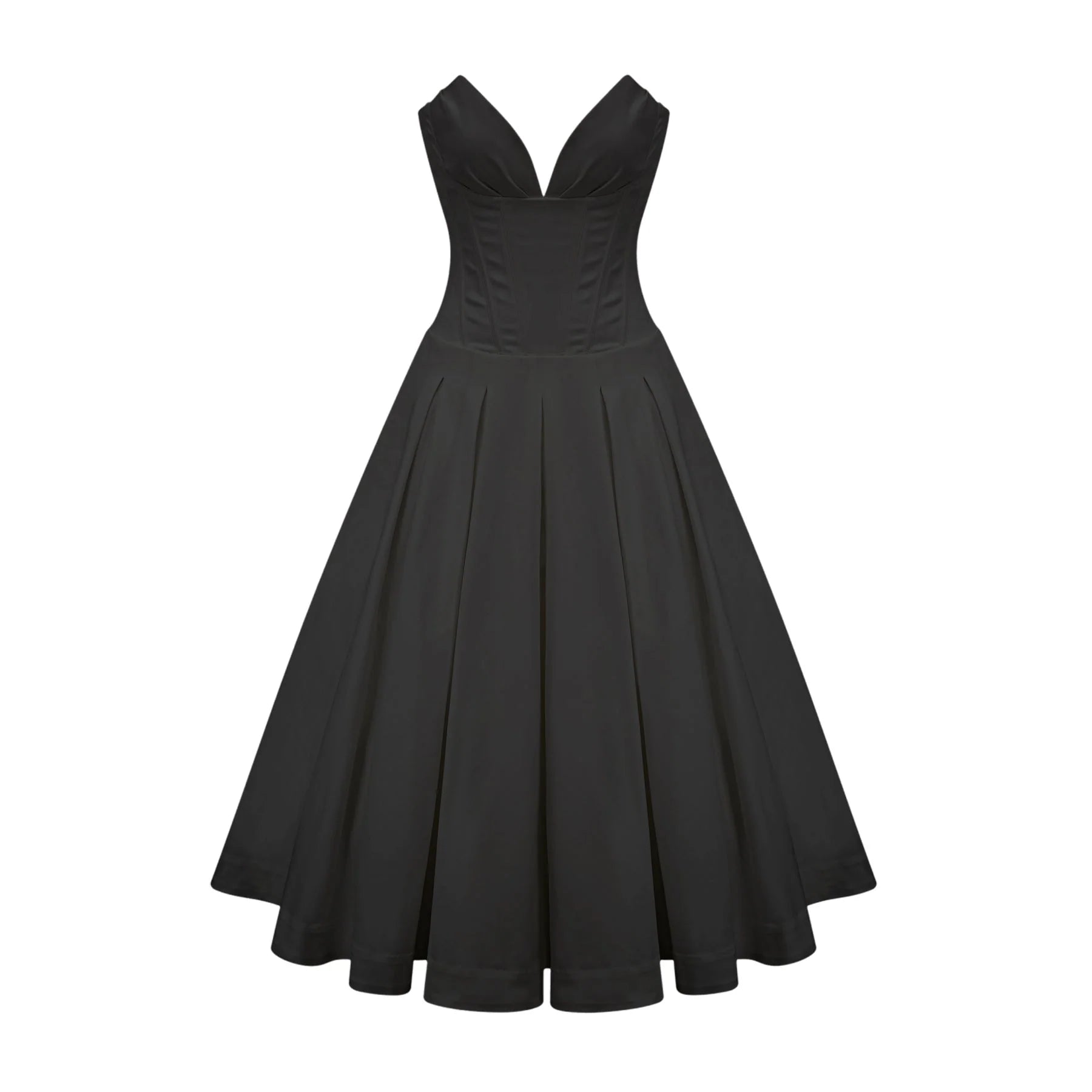 London Midi Dress Black Offshoulder Corset Pleated Pockets Zip Fastening