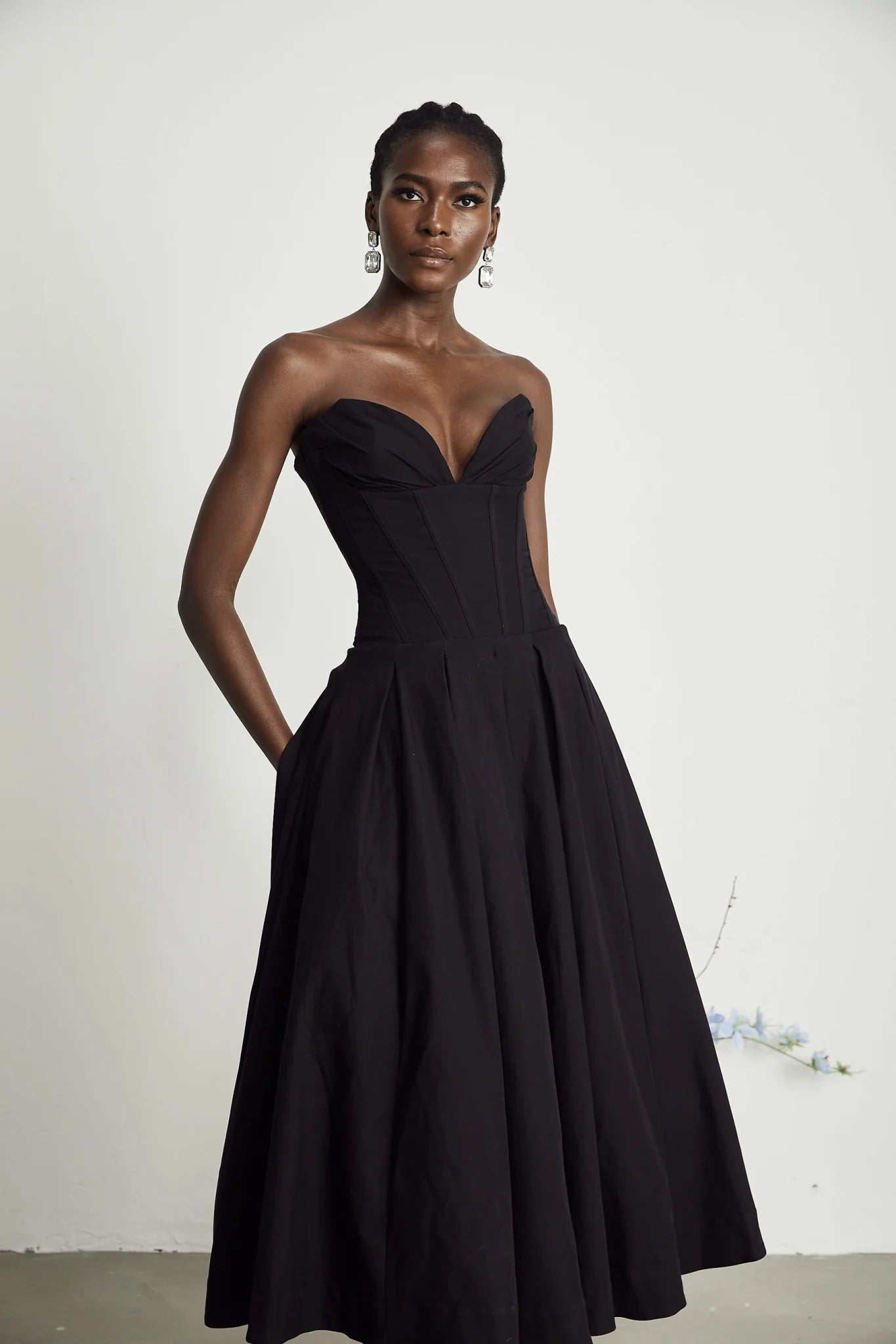 London Midi Dress Black Offshoulder Corset Pleated Pockets Zip Fastening