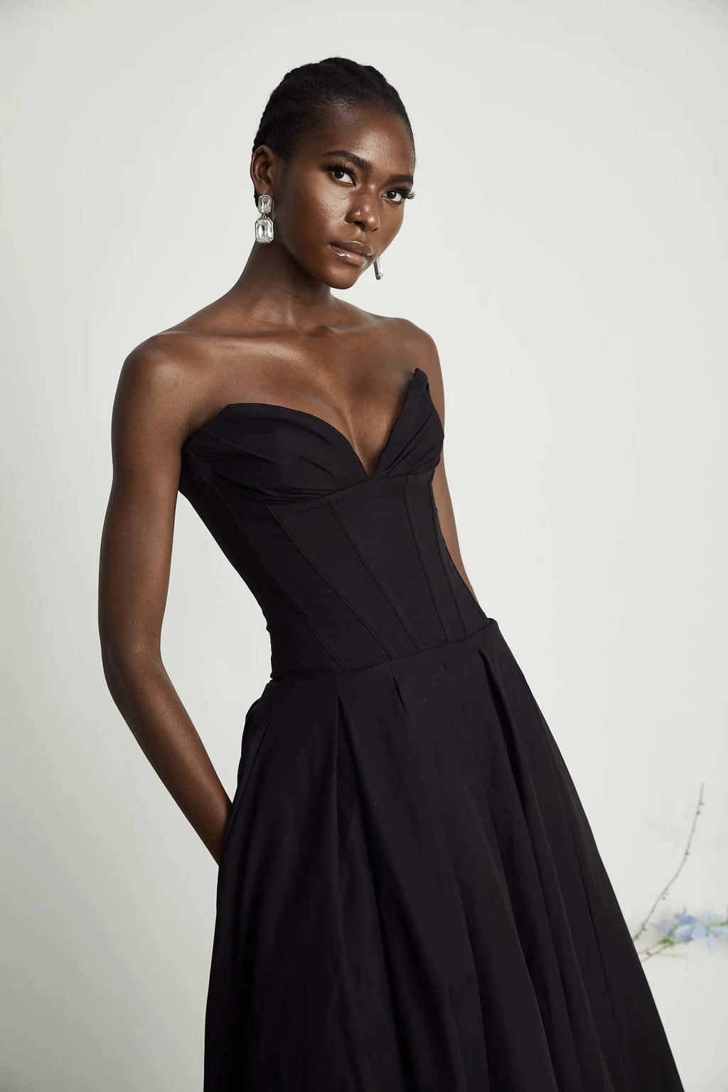 London Midi Dress Black Offshoulder Corset Pleated Pockets Zip Fastening
