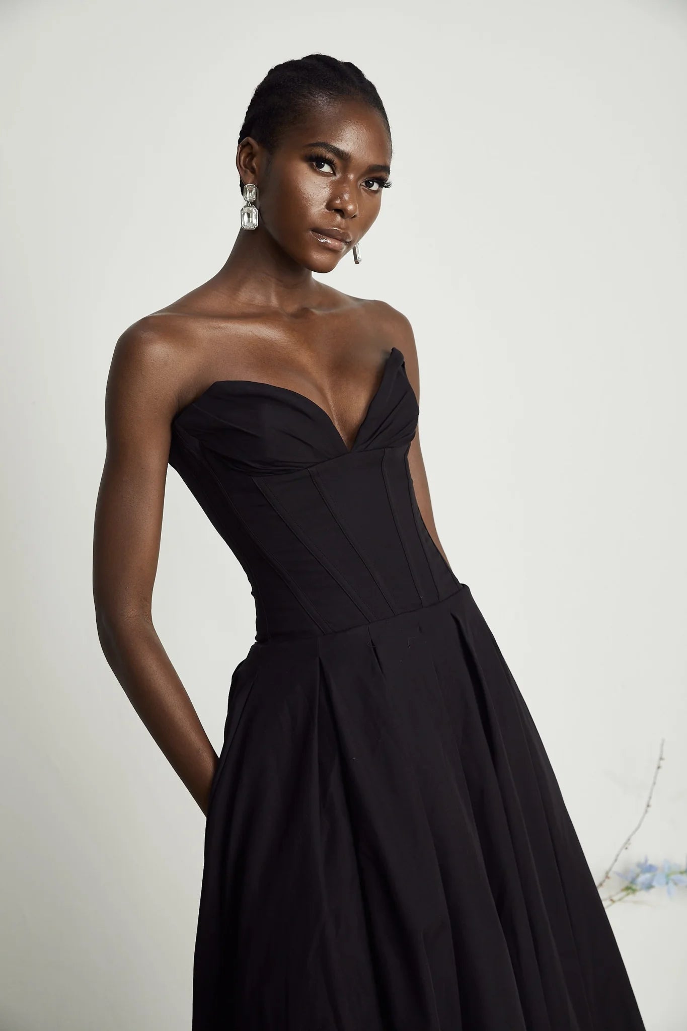 London Midi Dress Black Offshoulder Corset Pleated Pockets Zip Fastening