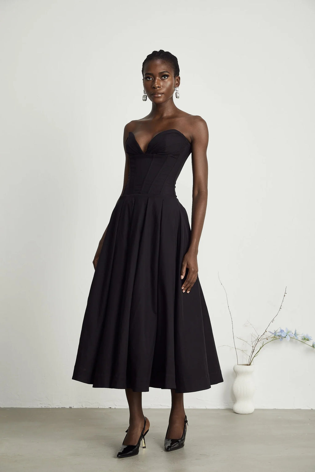 London Midi Dress Black Offshoulder Corset Pleated Pockets Zip Fastening