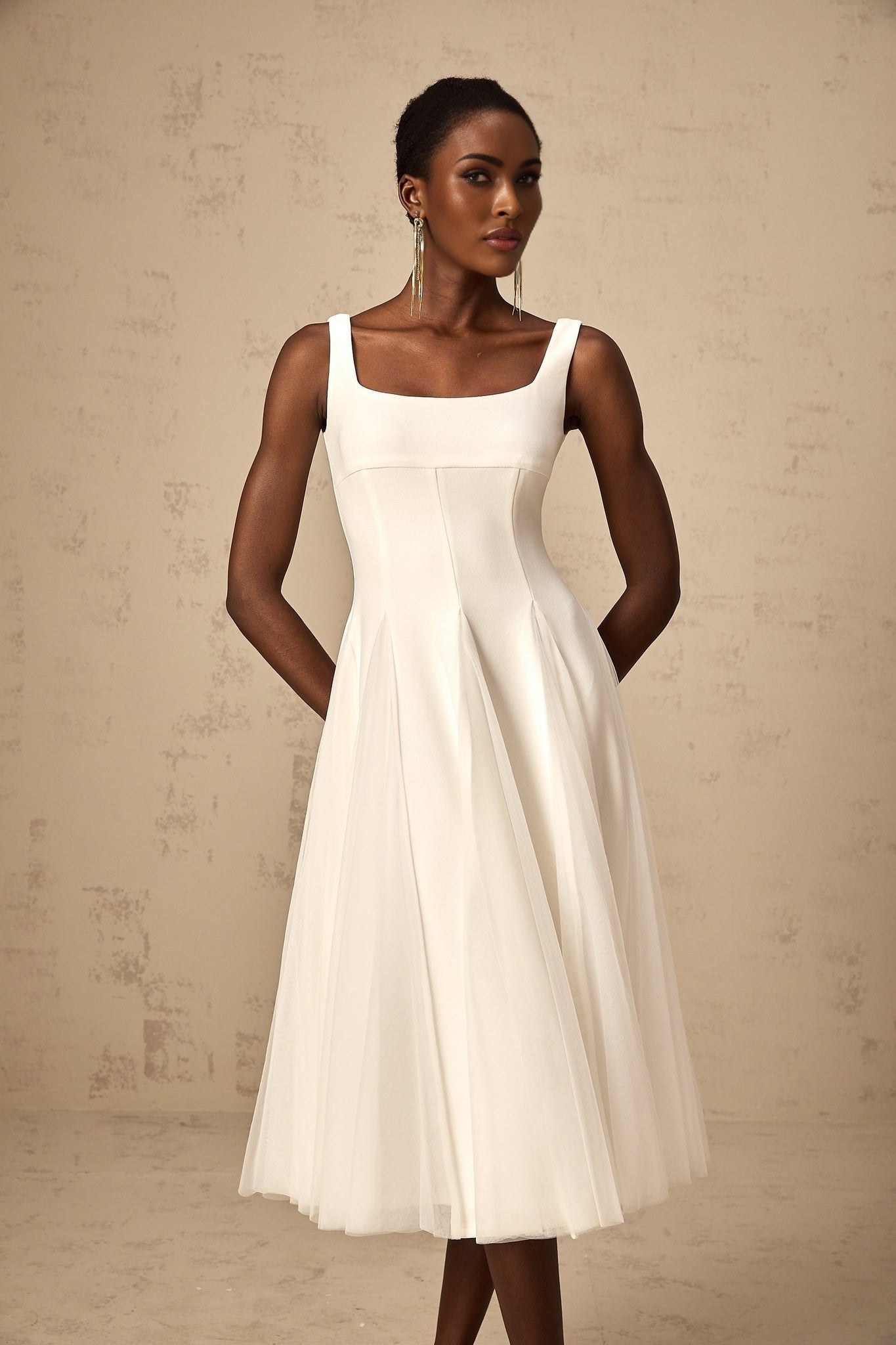 London Midi Dress - Tulle Panelling - Square Neck - Dart Detailing - Godet Design - Full Skirt