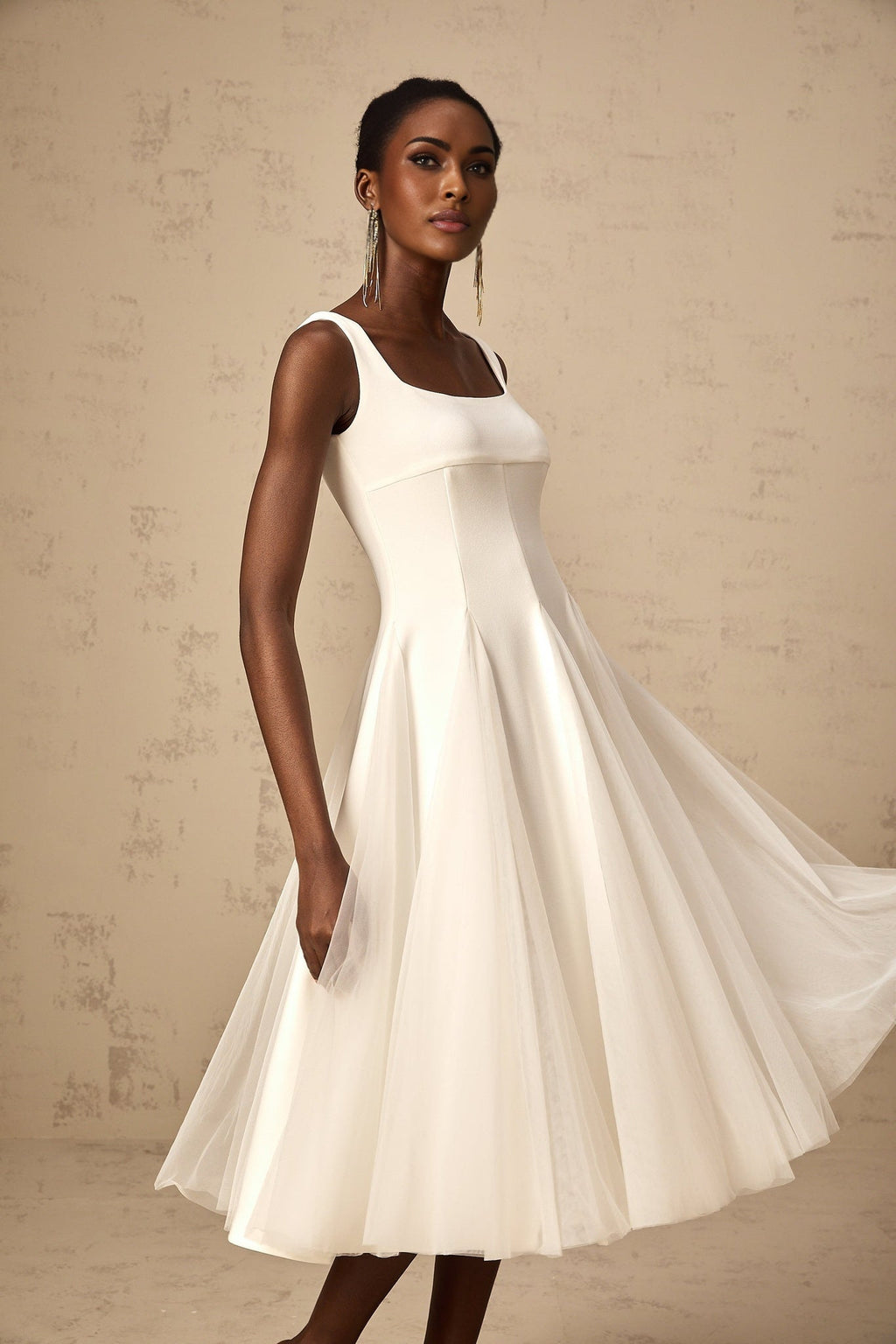 London Midi Dress White Tulle Godet Square Neck Lined Rear Zip