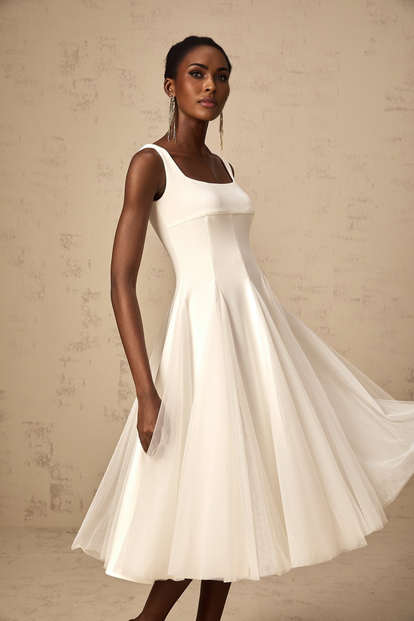 London Midi Dress White Tulle Godet Square Neck Lined Rear Zip