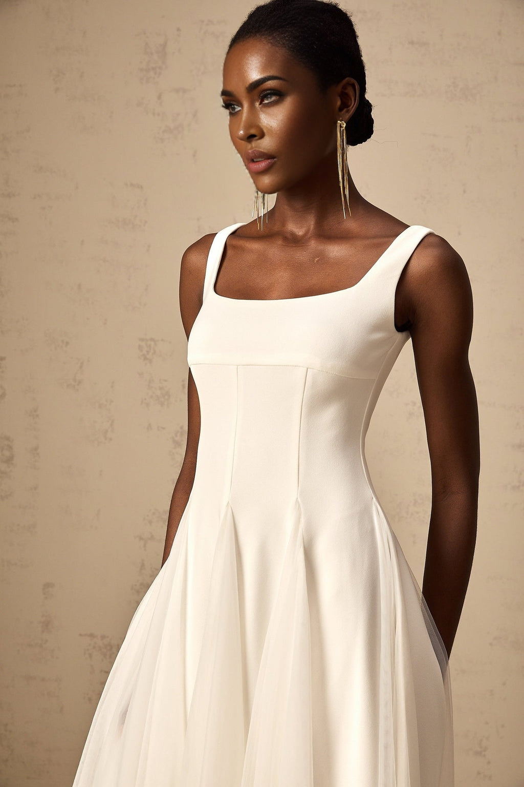 London Midi Dress White Tulle Godet Square Neck Lined Rear Zip