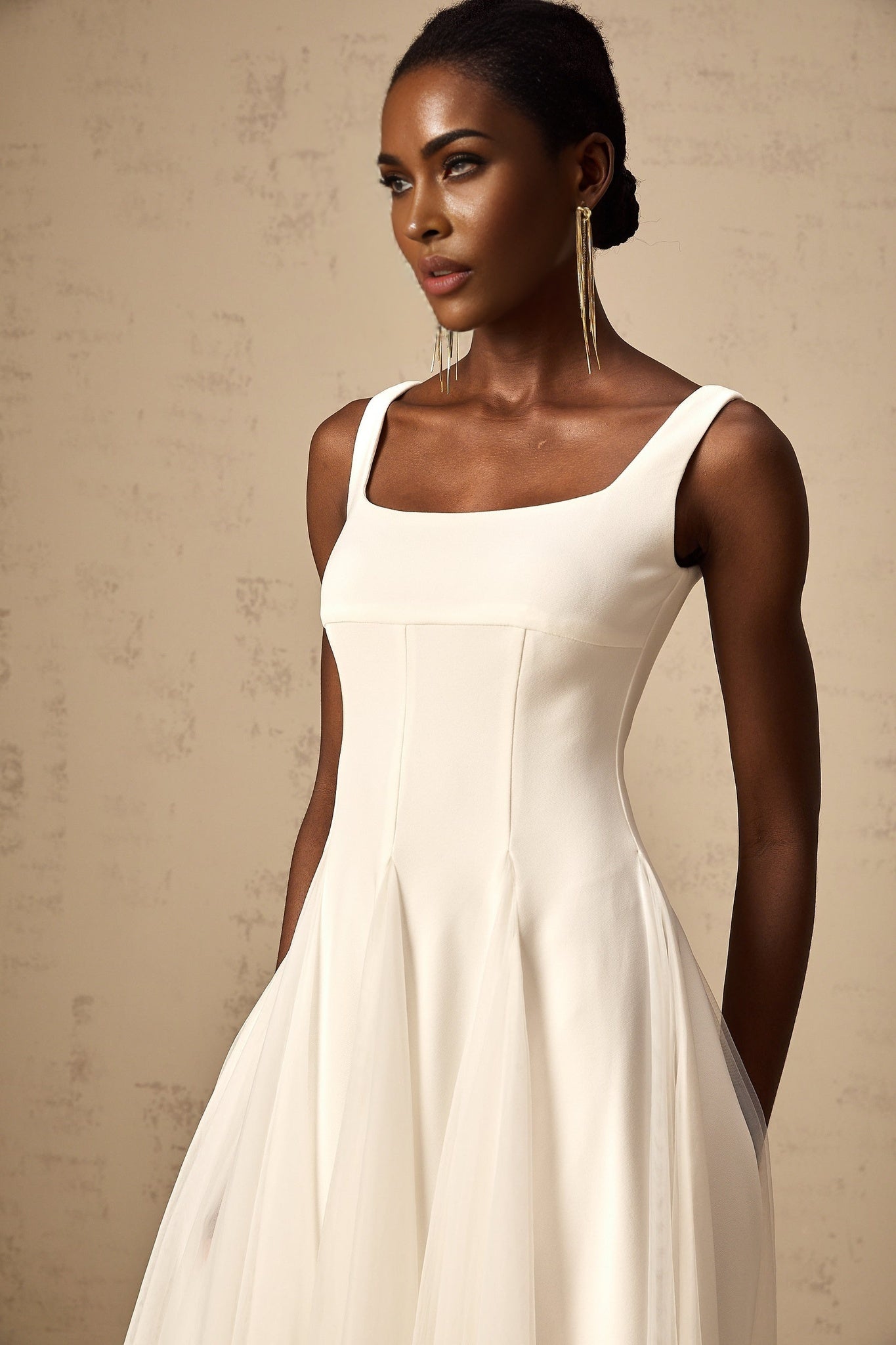 London Midi Dress White Tulle Godet Square Neck Lined Rear Zip