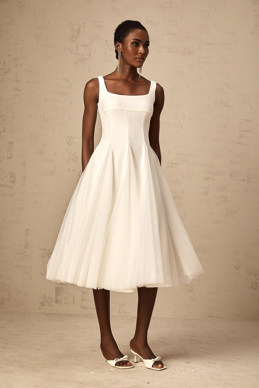 London Midi Dress White Tulle Godet Square Neck Lined Rear Zip
