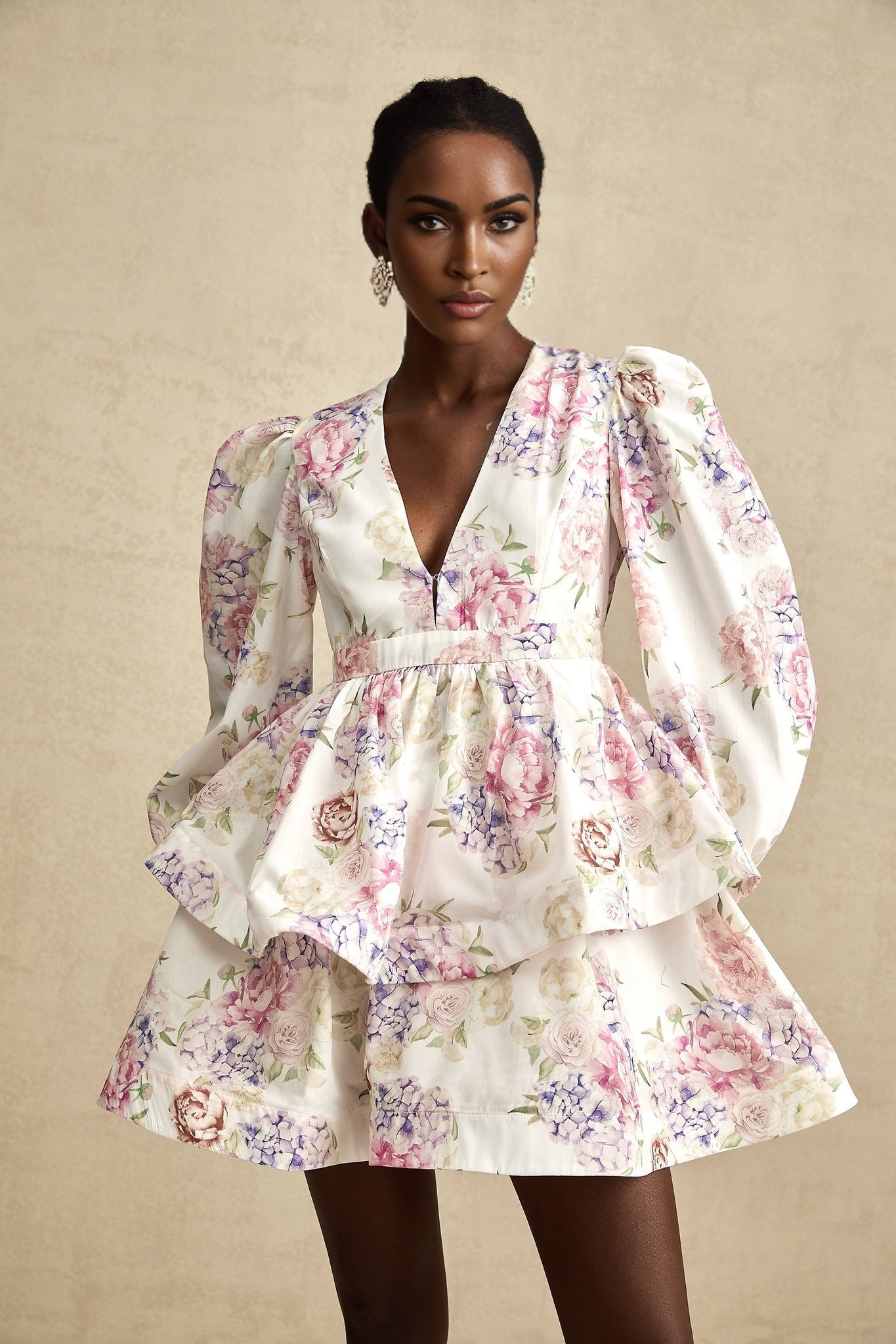 London Mini Dress Floral Tiered VNeck White Multicolor