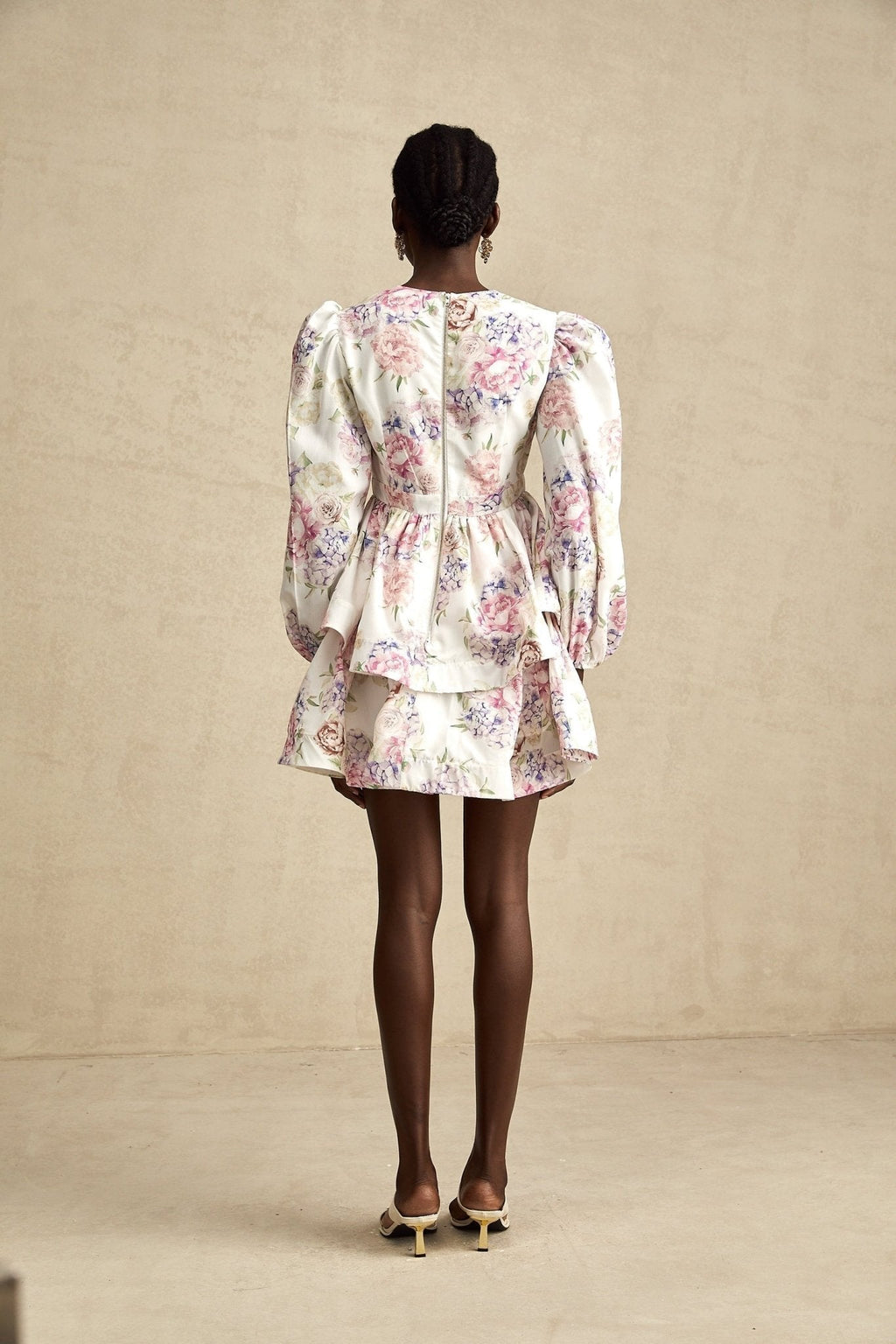 London Mini Dress Floral Tiered VNeck White Multicolor