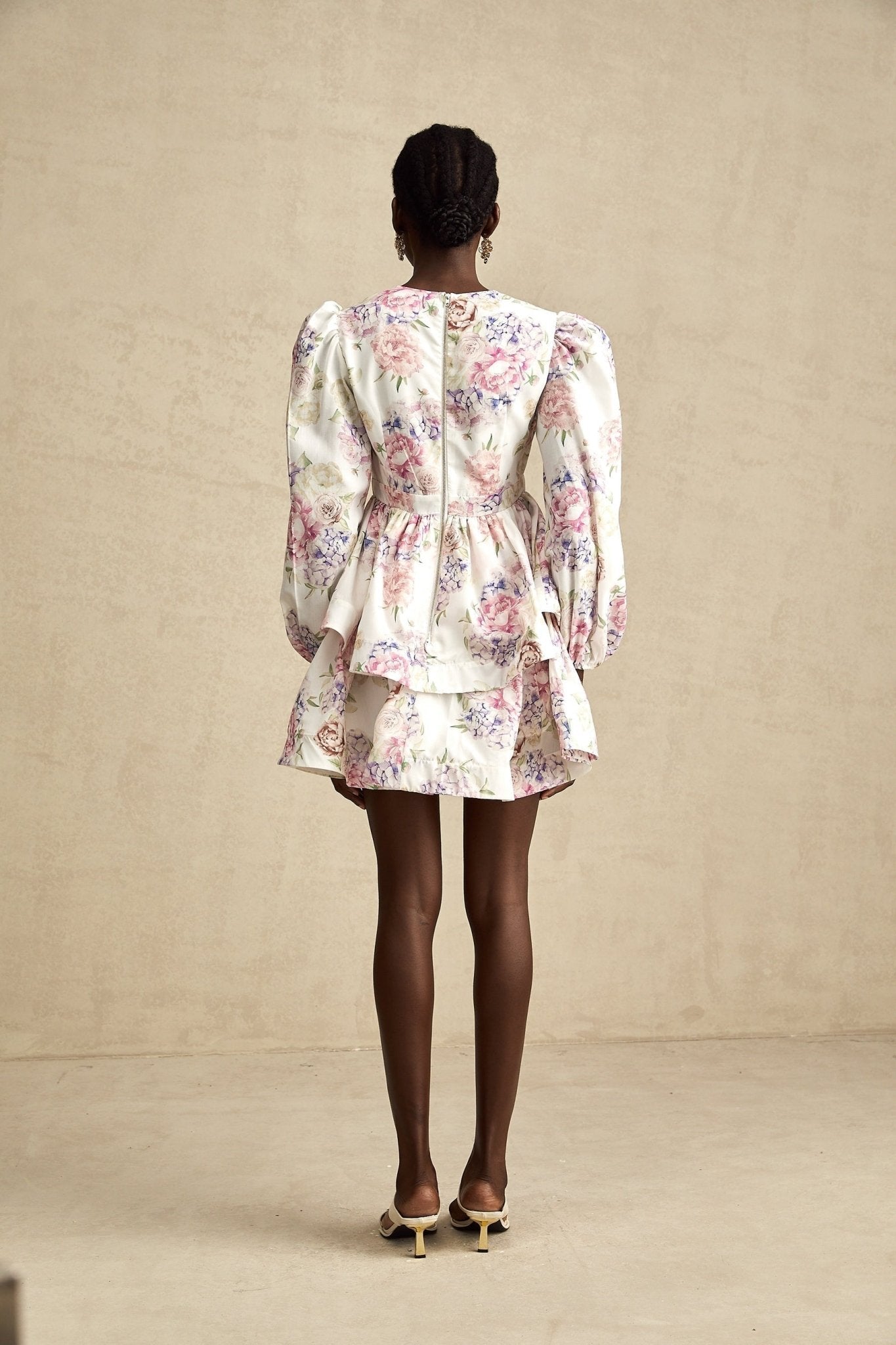 London Mini Dress Floral Tiered VNeck White Multicolor