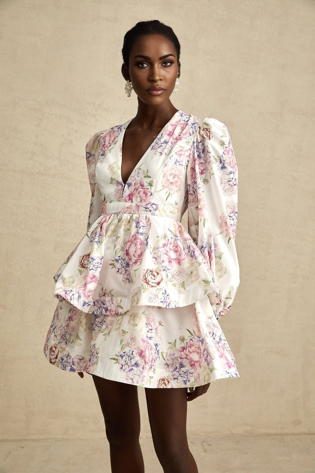 London Mini Dress Floral Tiered VNeck White Multicolor