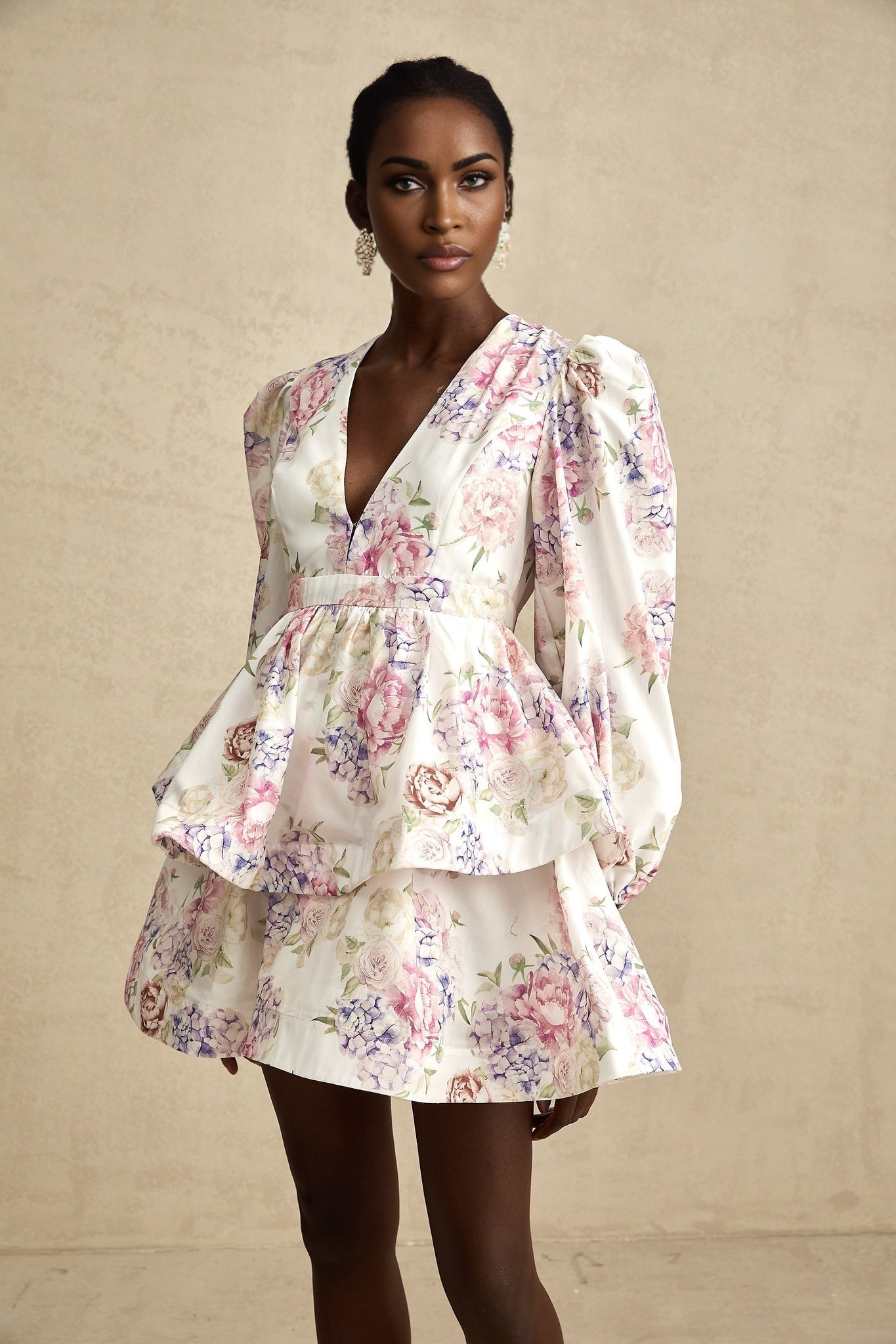 London Mini Dress Floral Tiered VNeck White Multicolor