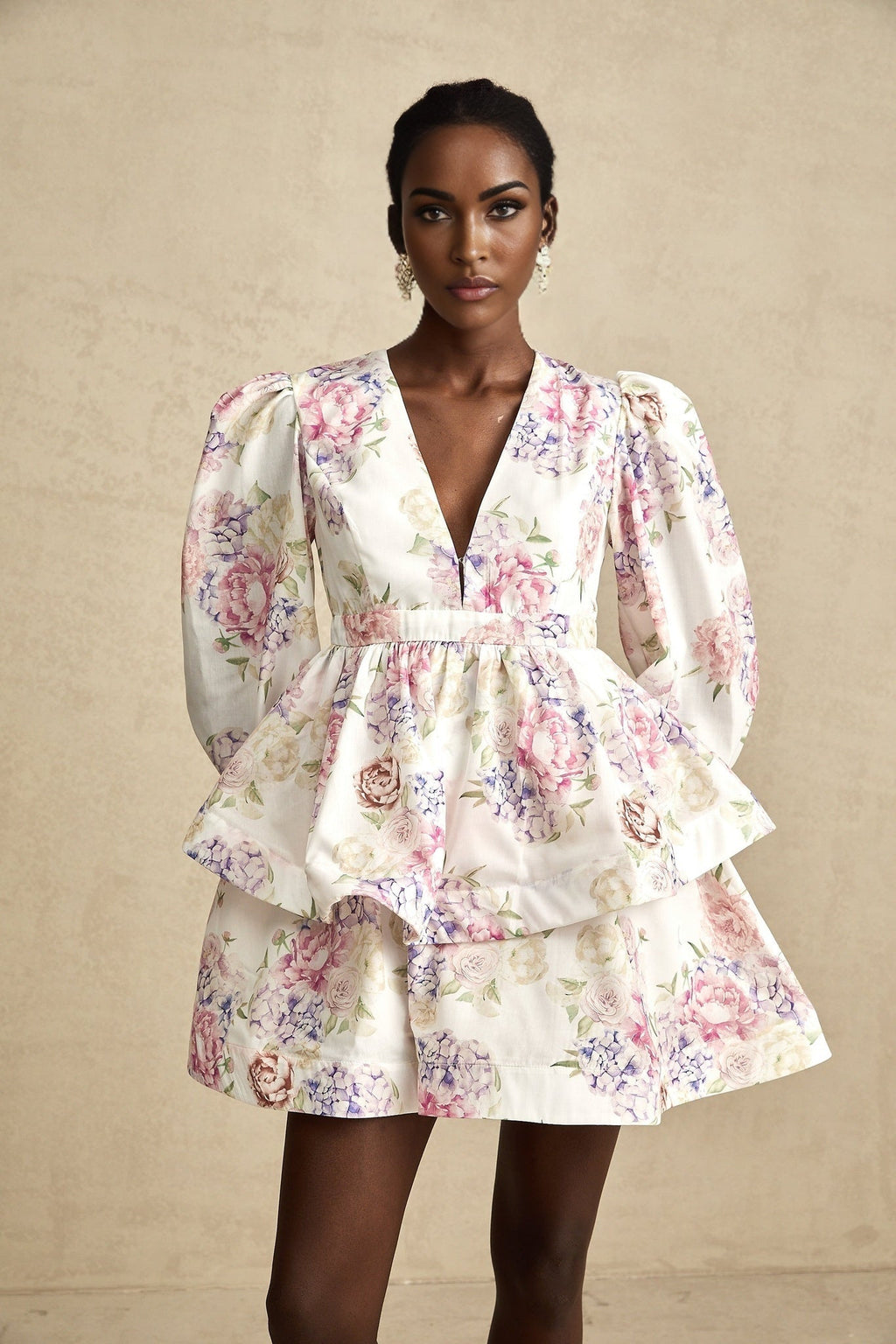 London Mini Dress Floral Tiered VNeck White Multicolor