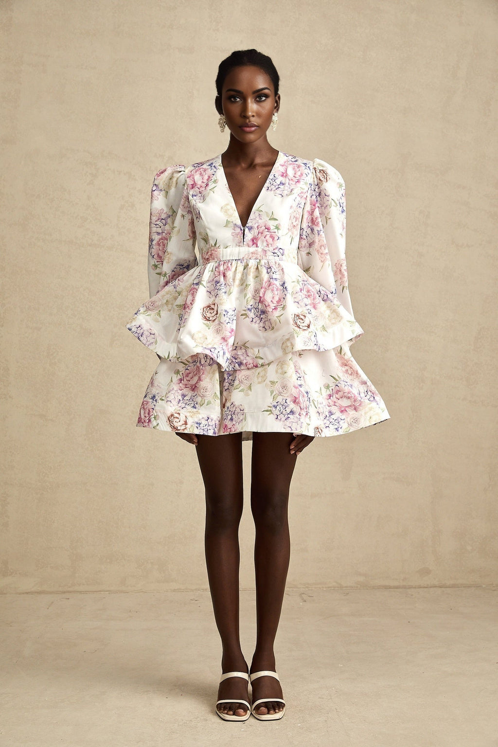 London Mini Dress Floral Tiered VNeck White Multicolor
