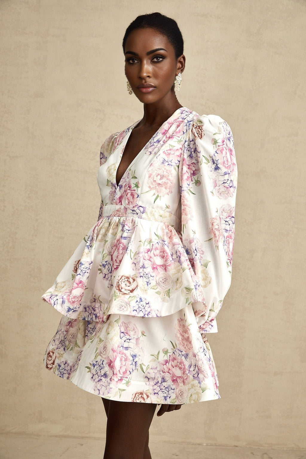 London Mini Dress Floral Tiered VNeck White Multicolor