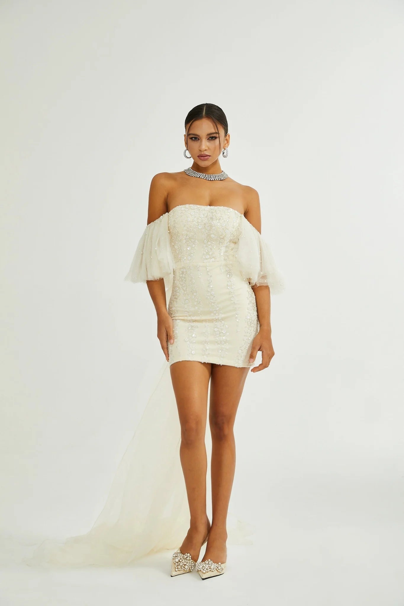 London Sequin Mini Dress with Mesh & Faux Pearl Embellishment
