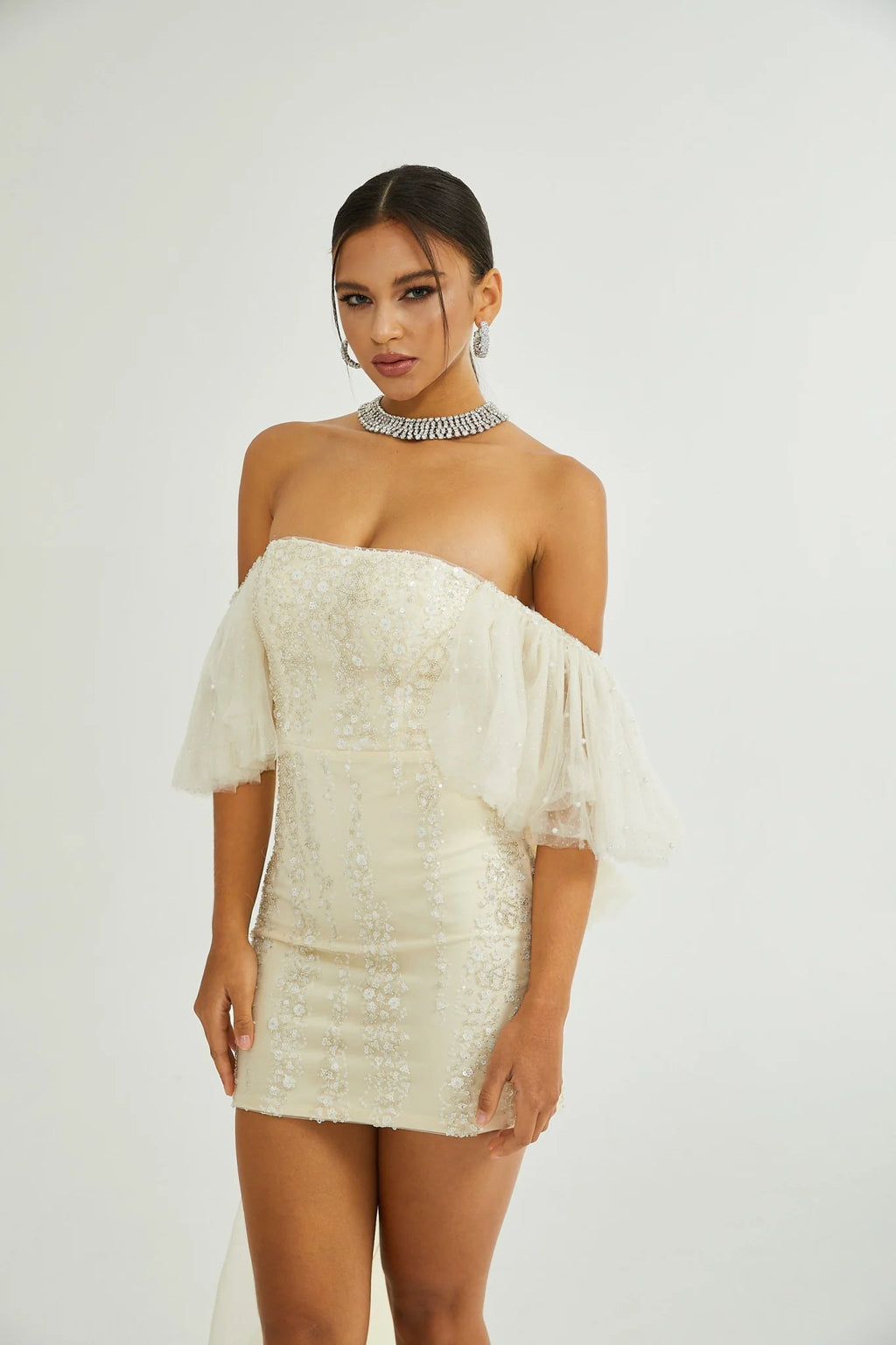 London Sequin Mini Dress with Mesh & Faux Pearl Embellishment