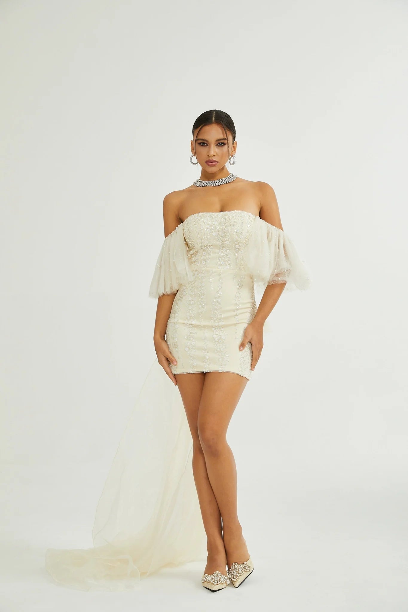 London Sequin Mini Dress with Mesh & Faux Pearl Embellishment