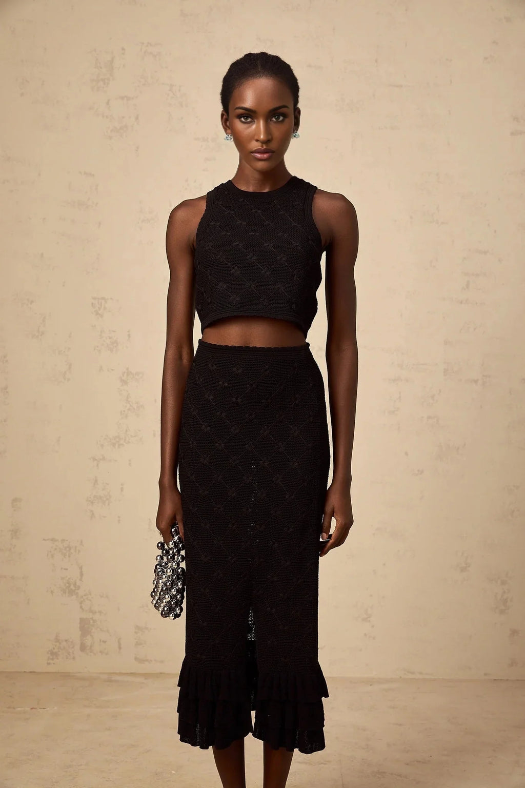 London Top & Skirt Set Crochet - Knit & Black Ruffle Detail Elastic Waist Calf - Length