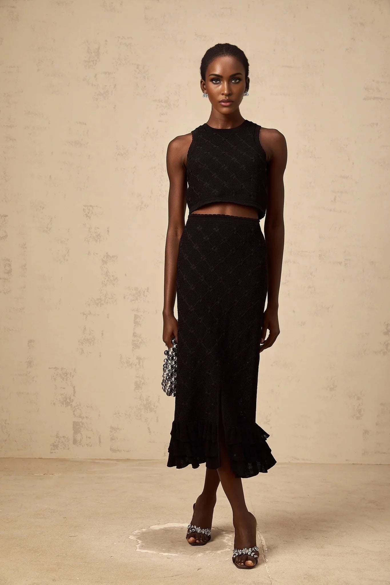London Top & Skirt Set Crochet - Knit & Black Ruffle Detail Elastic Waist Calf - Length