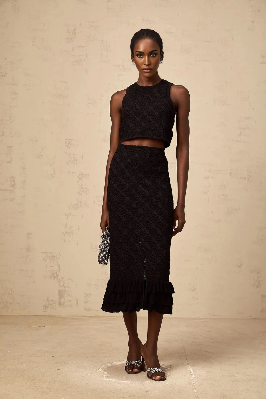 London Top & Skirt Set Crochet - Knit & Black Ruffle Detail Elastic Waist Calf - Length
