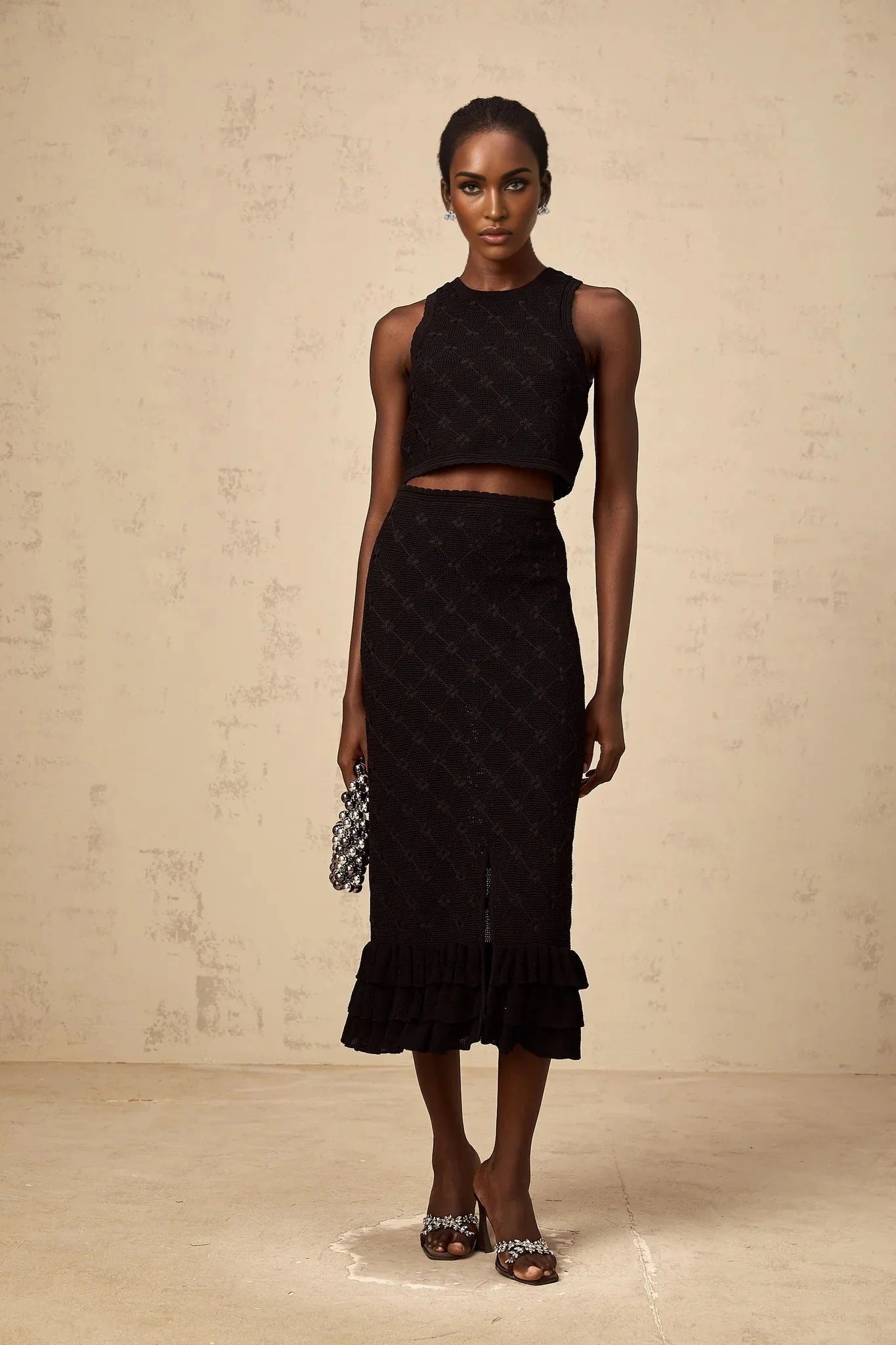 London Top & Skirt Set Crochet - Knit & Black Ruffle Detail Elastic Waist Calf - Length