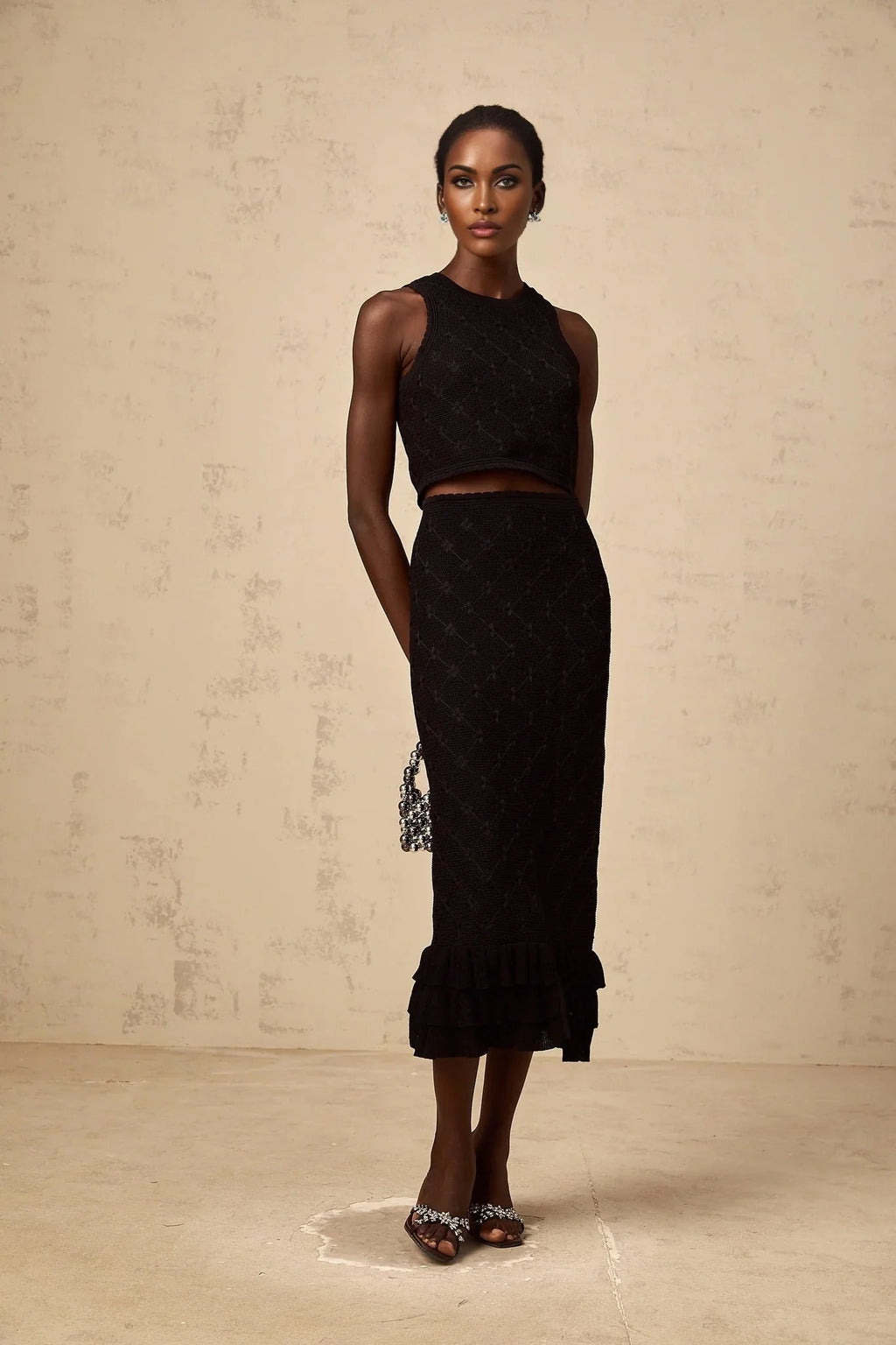 London Top & Skirt Set Crochet - Knit & Black Ruffle Detail Elastic Waist Calf - Length