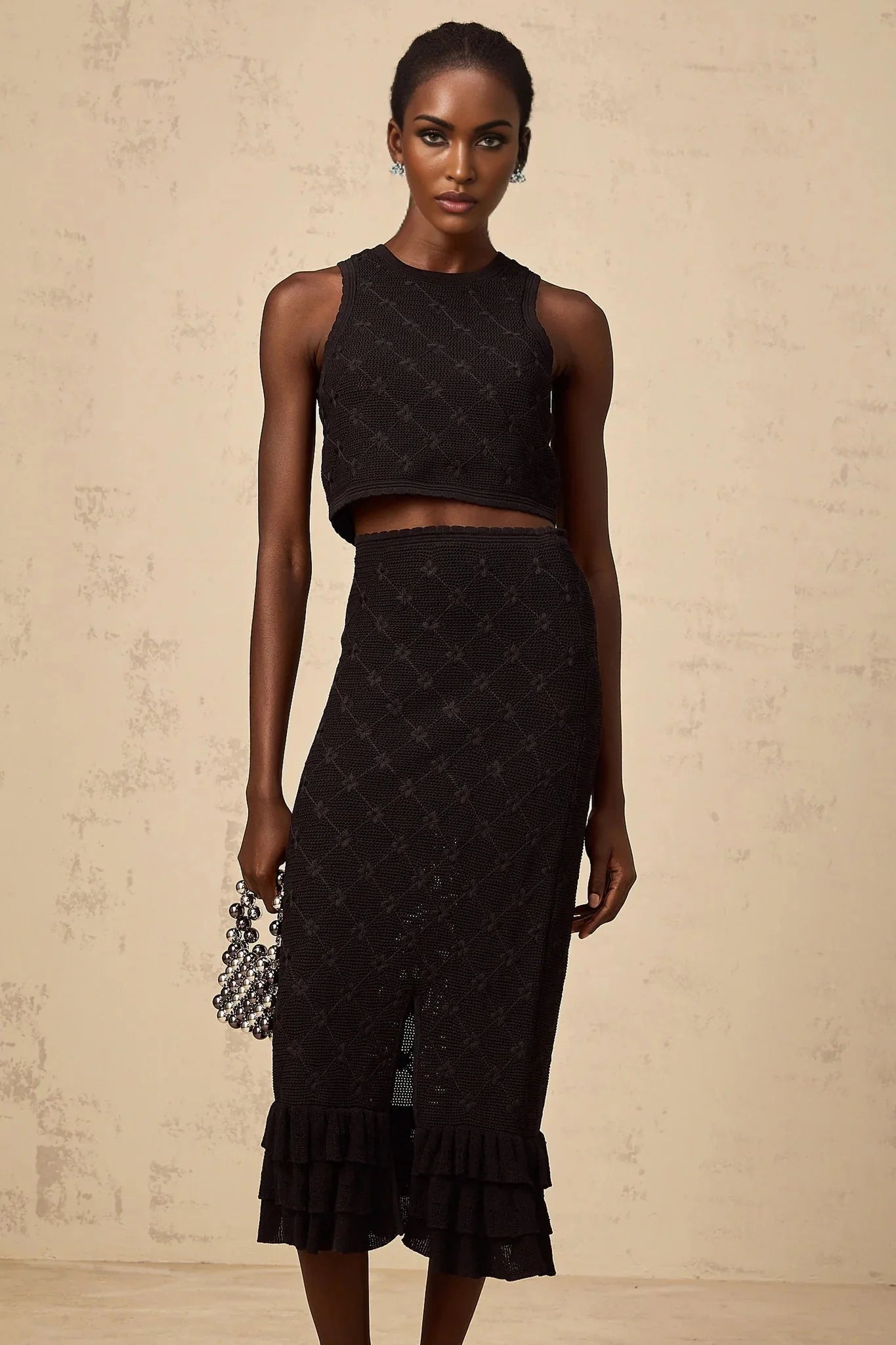 London Top & Skirt Set Crochet - Knit & Black Ruffle Detail Elastic Waist Calf - Length