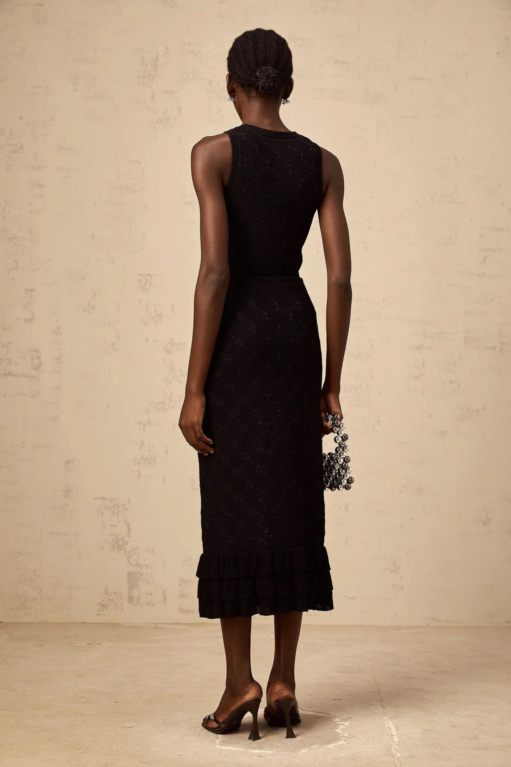 London Top & Skirt Set Crochet - Knit & Black Ruffle Detail Elastic Waist Calf - Length