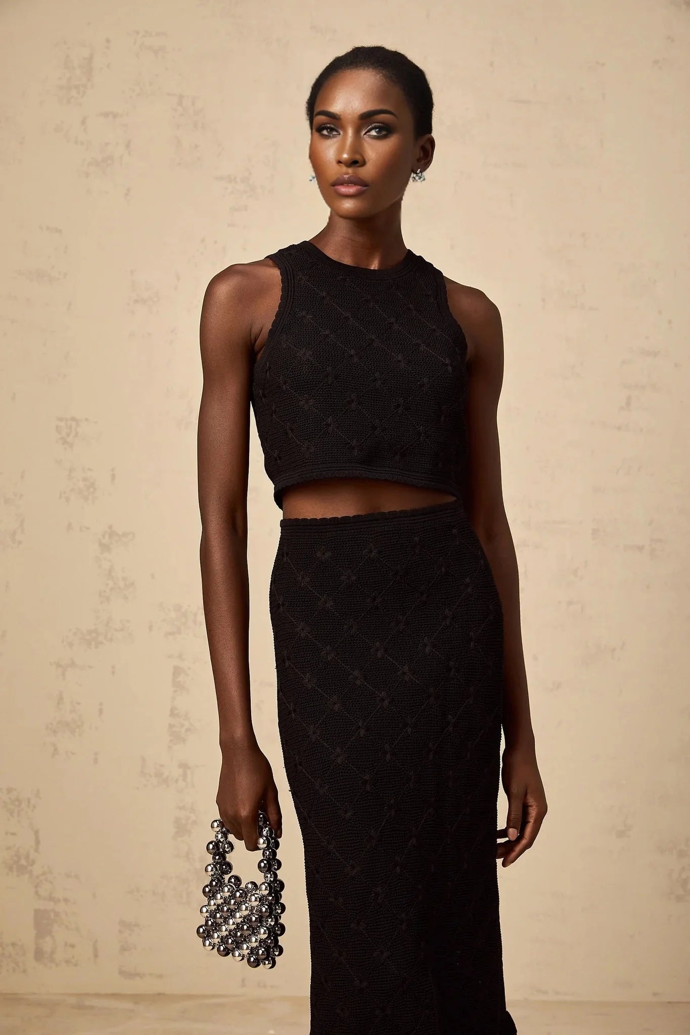 London Top & Skirt Set Crochet - Knit & Black Ruffle Detail Elastic Waist Calf - Length