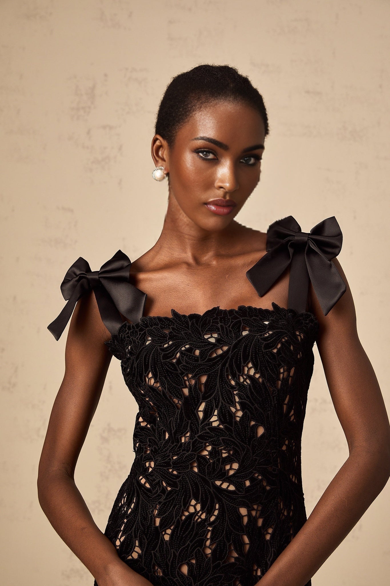 Loredana Floral Maxi Dress - Bowknot Straps - Square Neck - Velvet Finish - Lace Detailing