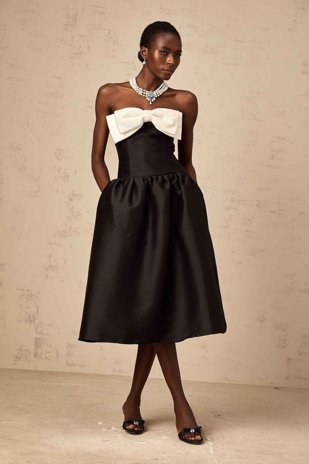 Loredana Midi Dress Black Off - Shoulder Bowknot Embellished Puff Skirt
