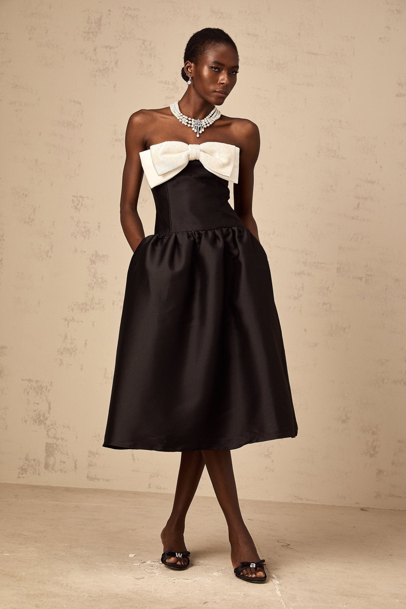 Loredana Midi Dress Black Off - Shoulder Bowknot Embellished Puff Skirt