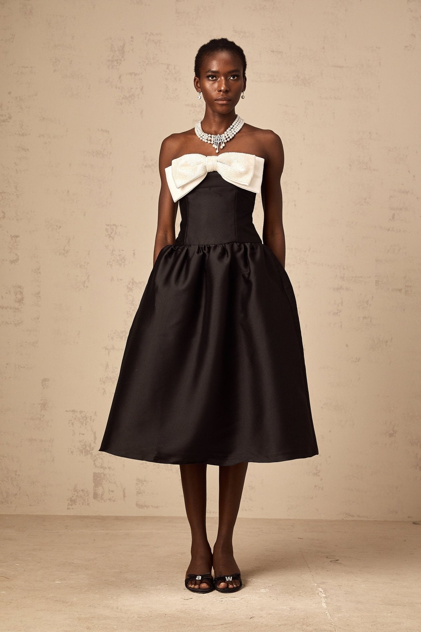 Loredana Midi Dress Black Off - Shoulder Bowknot Embellished Puff Skirt