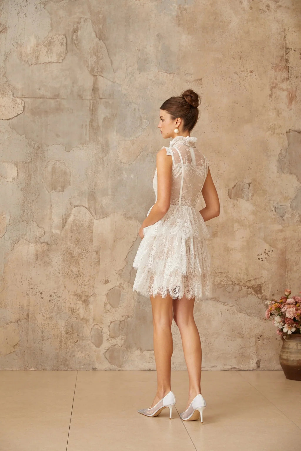 Loredana Mini Dress White Floral - Lace Crystal Embellished