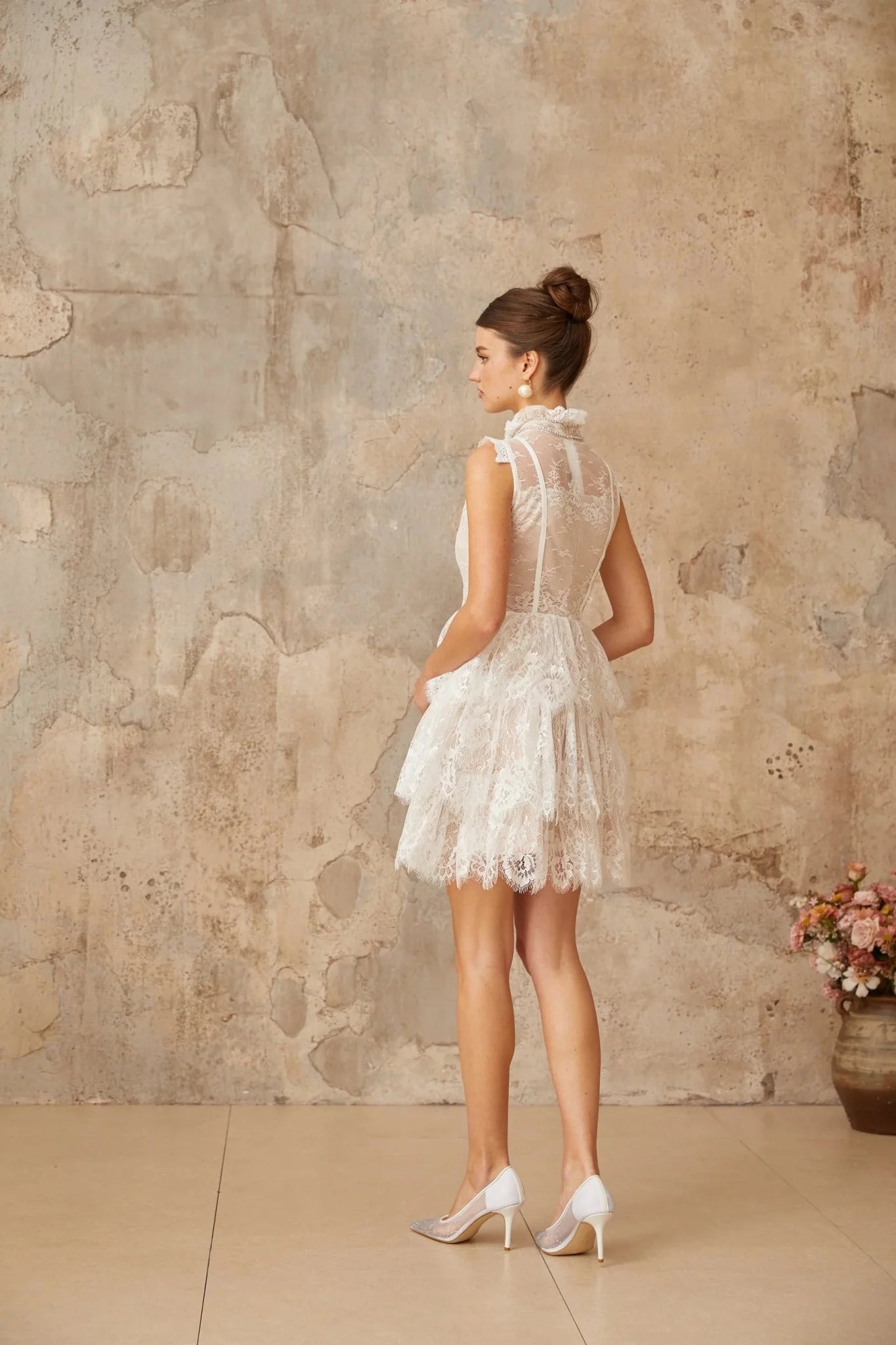 Loredana Mini Dress White Floral - Lace Crystal Embellished