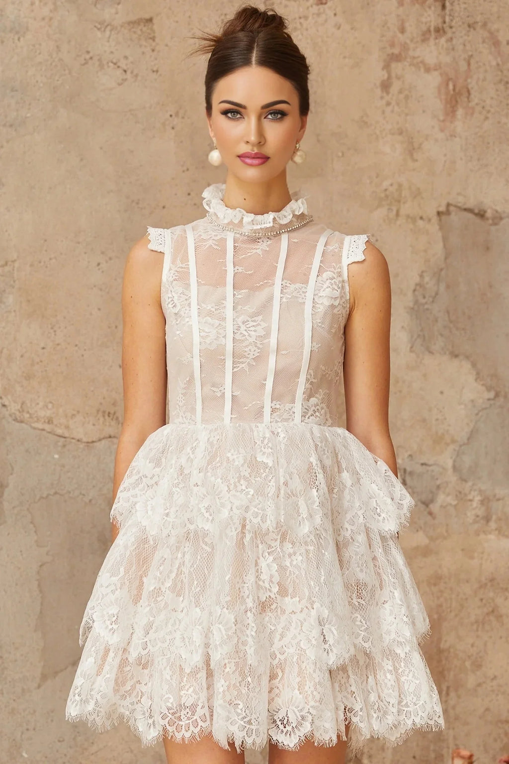 Loredana Mini Dress White Floral - Lace Crystal Embellished