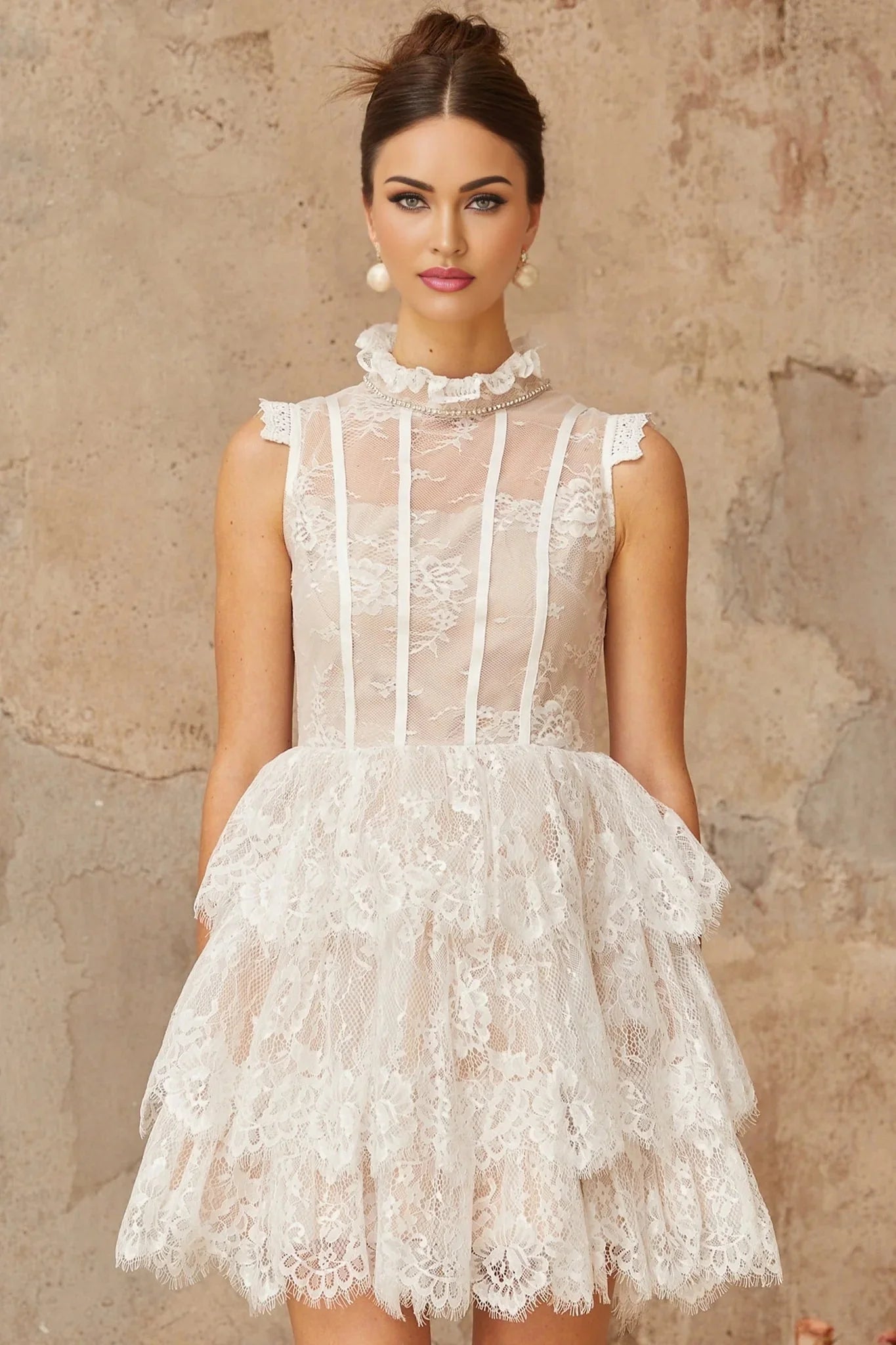 Loredana Mini Dress White Floral - Lace Crystal Embellished