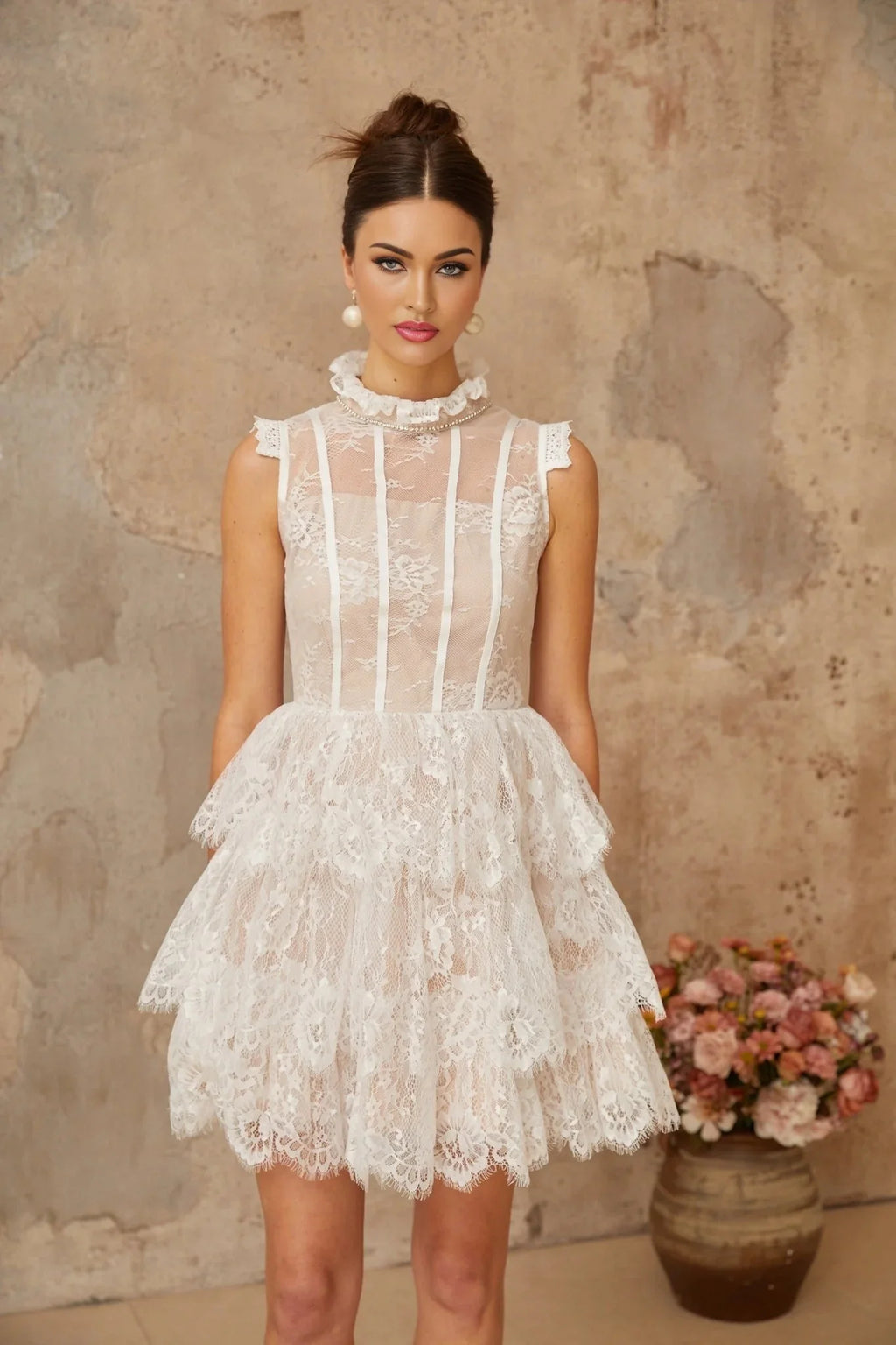 Loredana Mini Dress White Floral - Lace Crystal Embellished