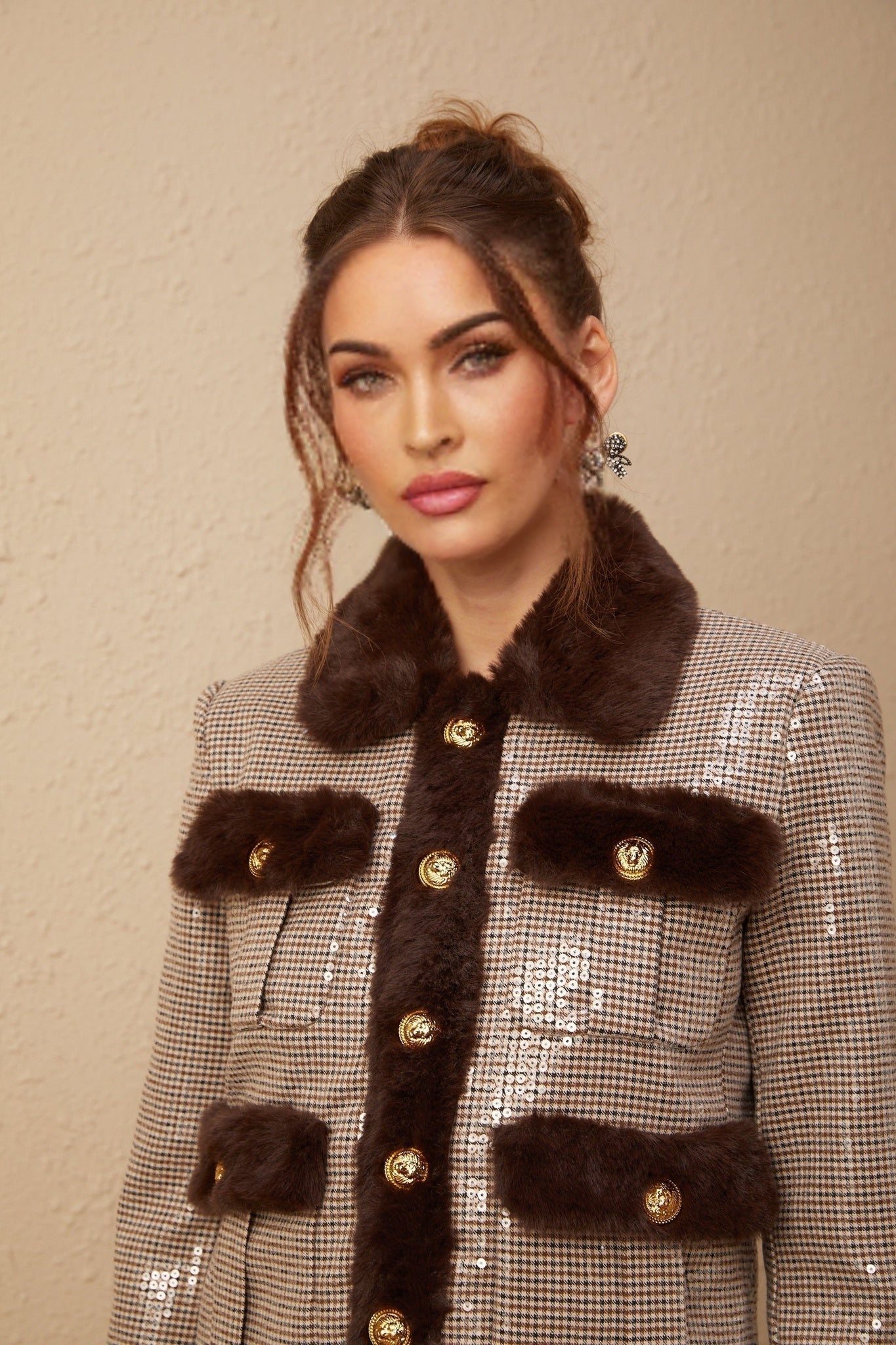Lorelai Jacket Lorelai Houndstooth Sequin Fur Trimmed Coat